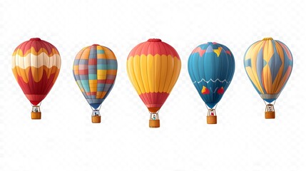 Fototapeta premium set of hot air balloons flying with colorful cartoon look for kids and tourism trip freedom flight, isolated on transparent png cutout background 