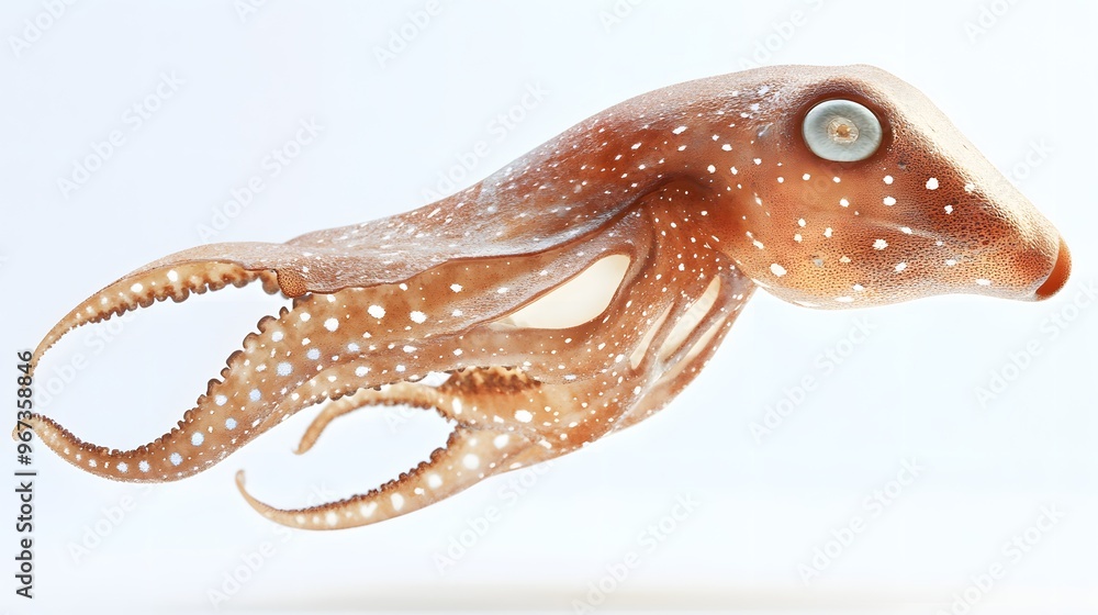 Poster 18. **a 3d render of a falling cuttlefish, its unique shape and textures set against a clean white b