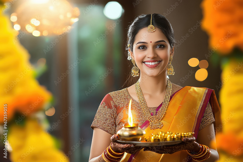 Sticker young indian woman holding oil lamp in the plate