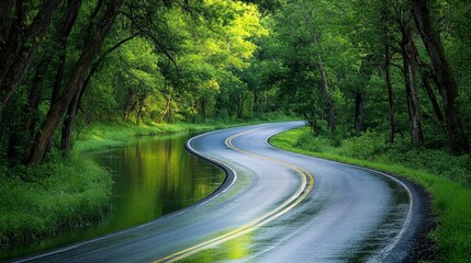 Imagine a scenic road that follows a river's meandering path, with the water reflecting the lush greenery of the surrounding landscape.