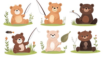 Fototapeta premium A colorful variety of cartoon bears in playful fishing and lounging poses, ideal for forest and wilderness-themed illustrations. 