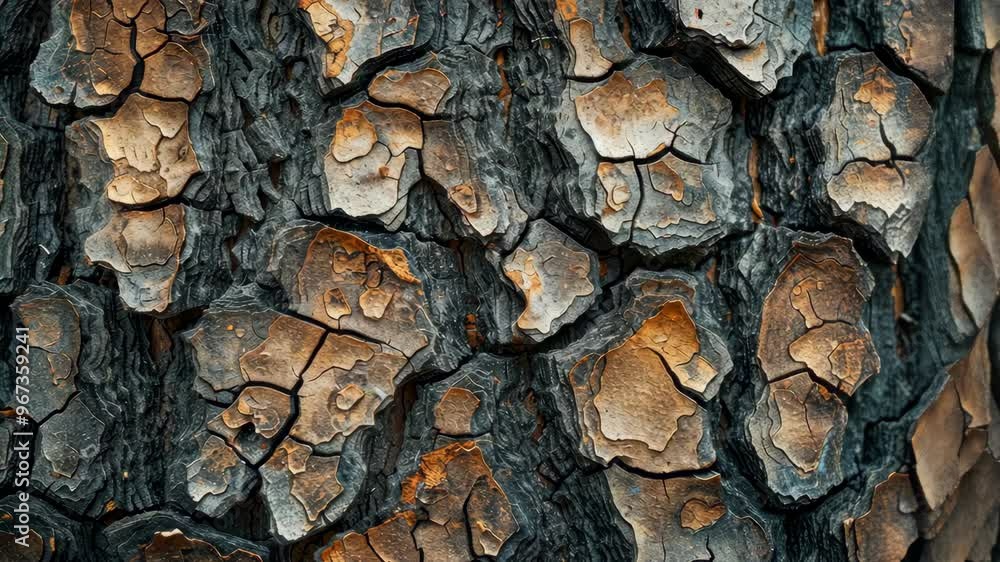 Poster exploring the intricate texture of tree bark during daylight in a lush forest setting