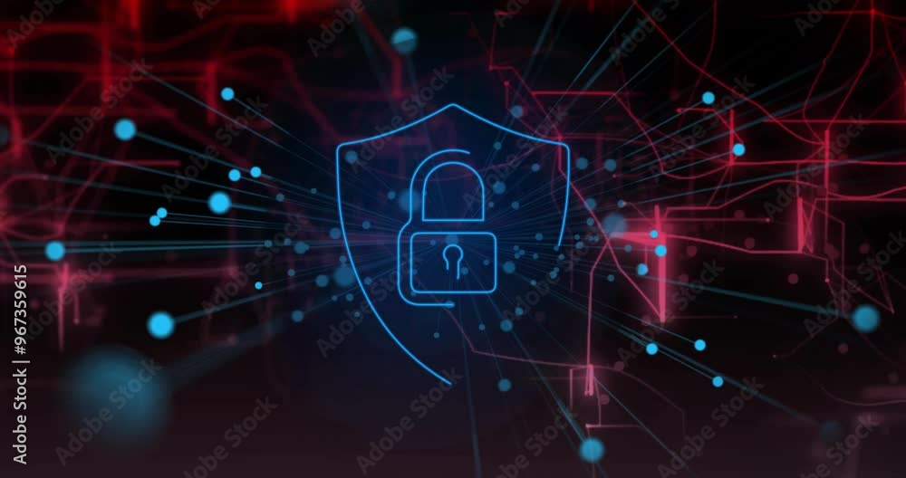 Poster animation of shield with padlock icon over network of connections on black background