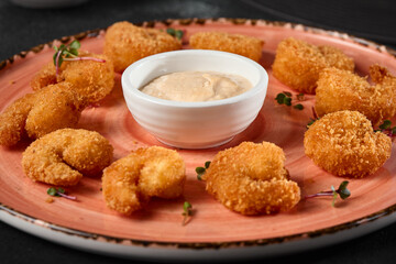 Crispy Tempura Shrimp with Cocktail Sauce on Rustic Plate – High Contrast Food Photography
