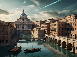 Naklejka premium Ancient Roman Cityscape With Futuristic Holograms