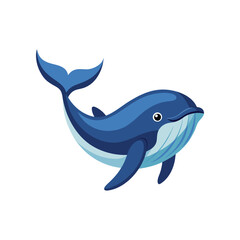 A cartoon blue whale with a big smile on its face against a white background.