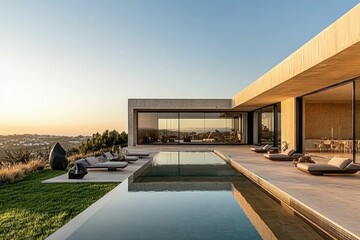 Modern villa with a pool and panoramic sunset views.