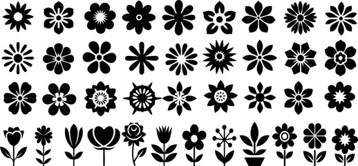 Black flower vector set feature abstract floral design silhouettes, and geometric patterns. Ideal for decoration, logos, and design projects. Includes minimalist botanical elements for creative illust