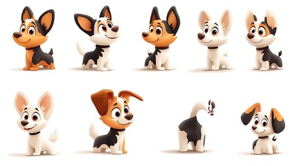 Obraz premium A delightful collection of adorable cartoon dogs in various poses and colors. Perfect for dog lovers, illustrations, and design projects. 