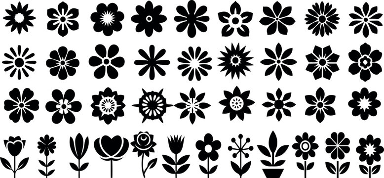 Black flower vector set feature abstract floral design silhouettes, and geometric patterns. Ideal for decoration, logos, and design projects. Includes minimalist botanical elements for creative illust