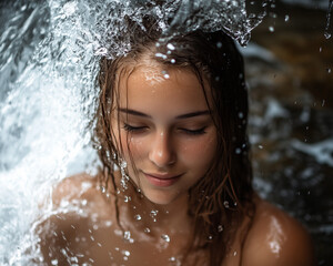 Obraz premium Piękna, młoda, ciemnowłosa kobieta siedząca pod wodospadem.