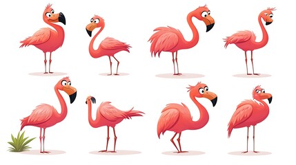 Fototapeta premium A delightful collection of cartoon flamingos in vibrant standing and flying poses, perfect for tropical-themed illustrations. 