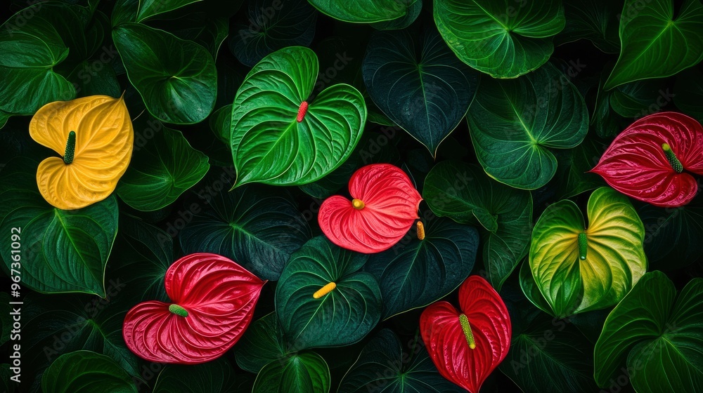 Poster Vibrant Anthurium Flowers Amidst Lush Green Foliage