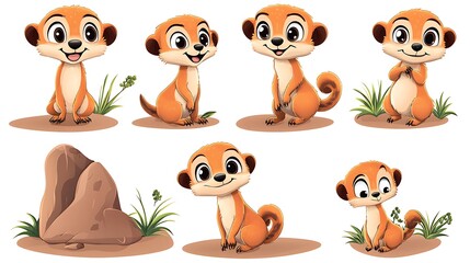 Fototapeta premium A delightful variety of cartoon meerkats in playful standing and lookout poses, perfect for savannah and desert-themed designs. 