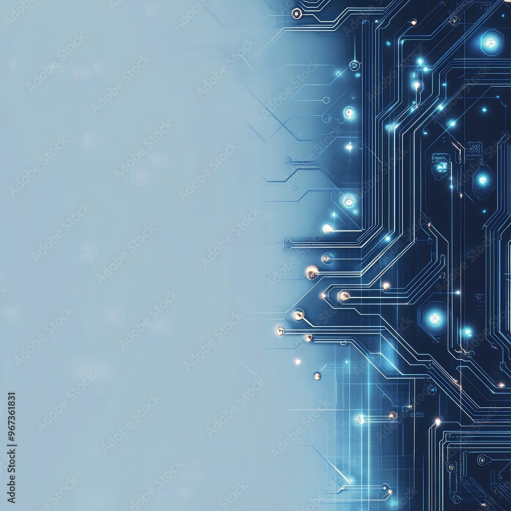 Poster abstract technology background featuring intricate circuits and glowing elements in a blue theme, pe