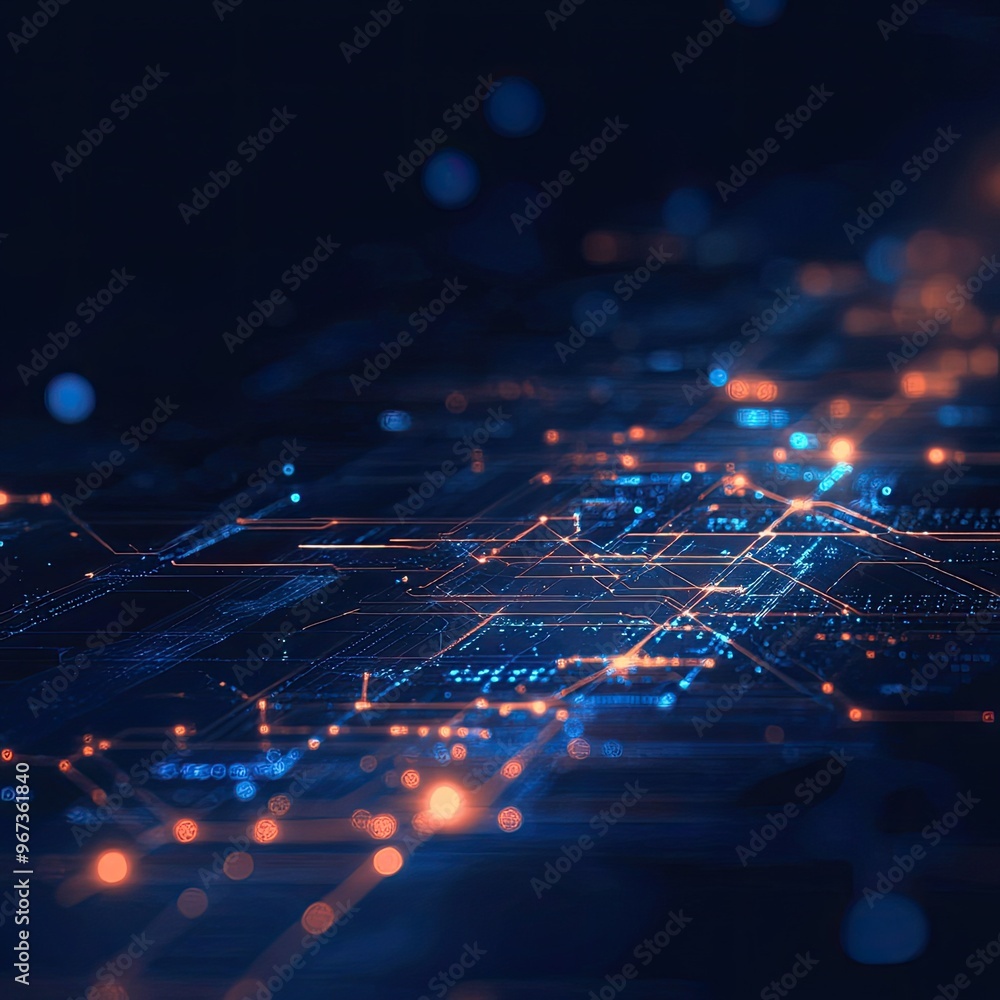 Poster abstract digital landscape with glowing lines and circuits representing technology and connectivity 