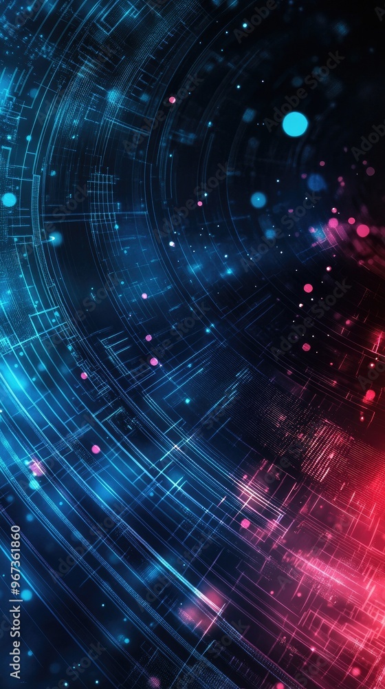 Poster abstract digital background featuring vibrant blue and red swirls, circuit patterns, and glowing par