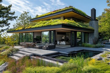 Fototapeta premium Modern eco-friendly house with green roof and landscaped surroundings.