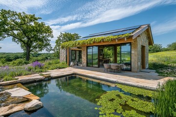 Fototapeta premium Modern eco-friendly cabin with a pool in a scenic landscape.