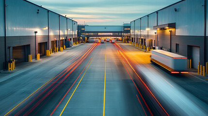 Motion blur of container trucks entering and leaving an international logistics distribution warehouse. Ai generate.