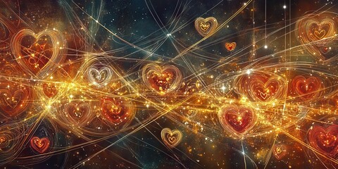 A cosmic burst of love with radiant hearts, stars, and swirling patterns, set against a dark, starry sky, symbolizing universal love and unity