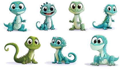 Naklejka premium A fun assortment of cartoon lizards in quirky climbing and sunbathing poses, ideal for desert and reptile-themed designs. 