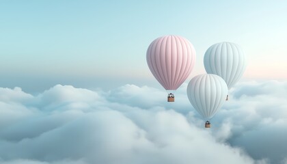 Obraz premium Vintage-style hot air balloons drifting in the sky, light clouds, muted tones, 3D illustration