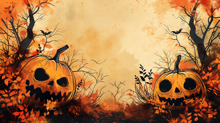 Halloween background sketch in orange tones featuring laughing jack-o'-lanterns, simple design with ample blank space for text, festive atmosphere for seasonal printing needs