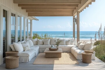 Fototapeta premium serene beach house with inviting porch seating weathered wood soft textiles and ocean views create a tranquil coastal retreat bathed in warm sunlight