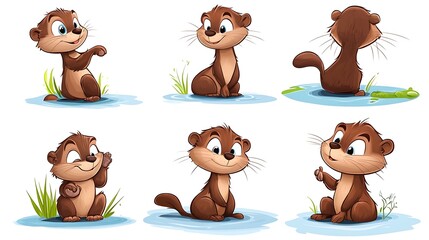 Fototapeta premium A fun set of cartoon otters in playful swimming and resting poses, perfect for river and wildlife-themed illustrations. 