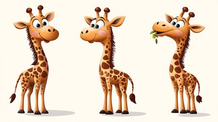 A fun variety of cartoon giraffes in quirky standing and eating poses, ideal for savannah and zoo-themed designs. 