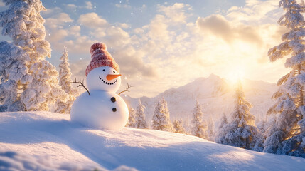 Obraz premium Winter holiday background banner cute snowman Merry christmas and happy new year