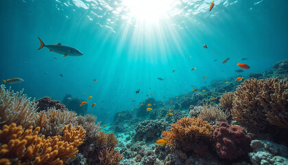 Fototapeta premium Colorful coral reef teeming with vibrant fish, showcasing marine biodiversity.