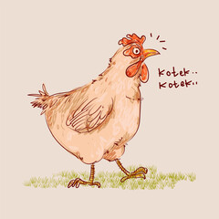Chicken, hen, rooster character hand drawing vector illustration. Poultry farm birds animal collection on vintage style element.