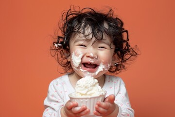 Charming baby curly hair exuding innocence and delight. Happy baby innocent smile capturing moment of pure cheer. Innocent laughter filling air representing unblemished happiness.