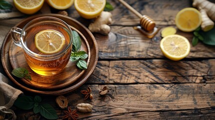 Healing black winter tea with ginger, honey, lemon. Immune booster drink in glass cup on rustic wooden table background with copy space 