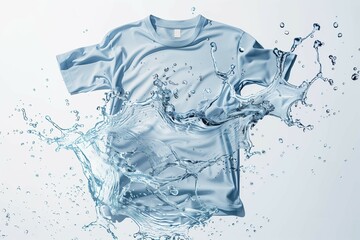 A floating t-shirt surrounded by dynamic water splashes, symbolizing freshness and cleanliness in an artistic and surreal display of fabric and liquid interaction