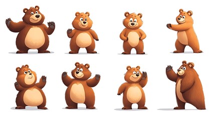 Naklejka premium A playful collection of cartoon bears in various adorable poses, ideal for forest and wilderness illustrations. 