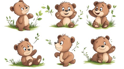 A playful collection of cartoon bears in various adorable poses, ideal for forest and wilderness illustrations. 