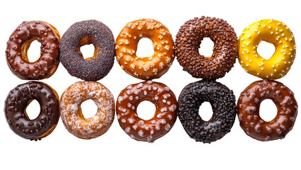 A row of donuts featuring a variety of colors and designs, each with unique icing and decorations.
