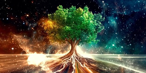 A hypnotic visual of a cosmic tree with rainbow leaves and glowing roots, set against a swirling background of stars and galaxies, symbolizing life and growth