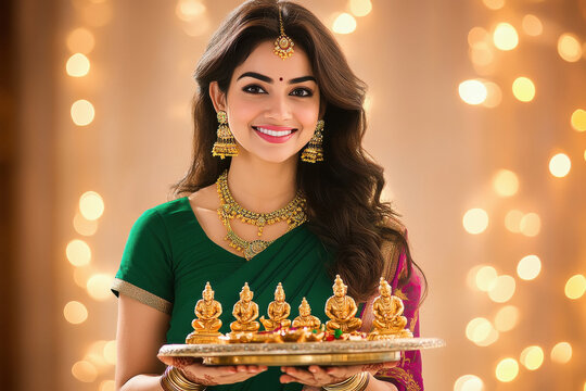 young indian woman holding Diwali festival table platter