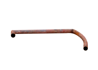 Bent old rusty metal pipe for flowing hot water from heating. On isolated transparent background.
