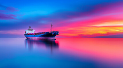 Fototapeta premium Cargo ship on calm water during colorful sunset, reflecting vibrant sky with hues of blue, purple, orange, and pink
