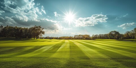Sunny day on the golf course with green tee box and striped turf under blue sky and white clouds