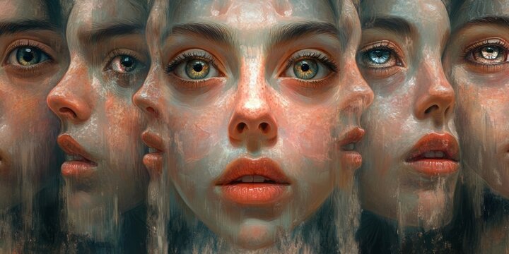 A psychedelic collage of eyes, lips, and abstract faces in bold, contrasting colors with exaggerated features, representing the concept of identity and expression