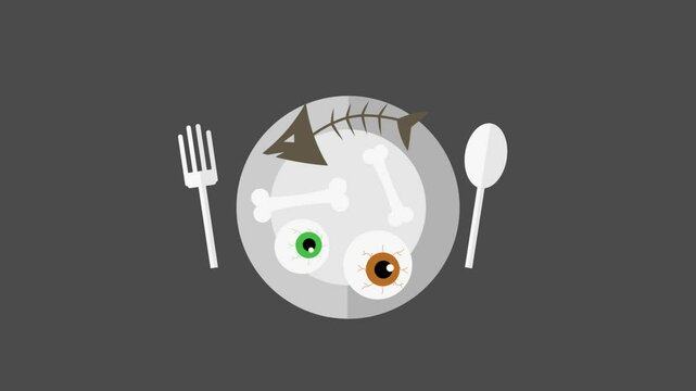 Surreal Animation Video Featuring Bizarre Plate with Bones, Fish Skeleton, and Eyeballs for Halloween or Horror Concepts. Unique 4K Video Animation for Spooky, Abstract, and Artistic Visual Projects
