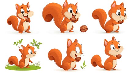 Obraz premium A playful set of cartoon squirrels in cute nut-gathering and jumping poses, ideal for woodland and autumn-themed designs. 