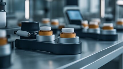 A state-of-the-art production line packaging facial creams in elegant jars