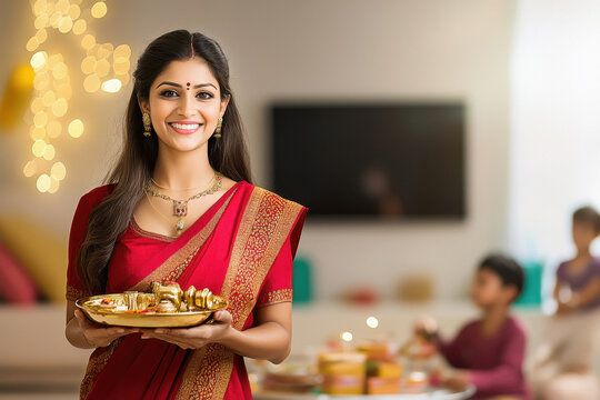 young indian woman holding pooja thali at home